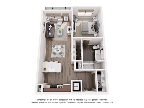 A 3D floor plan of a small apartment with a kitchen, living room, and bedroom.
